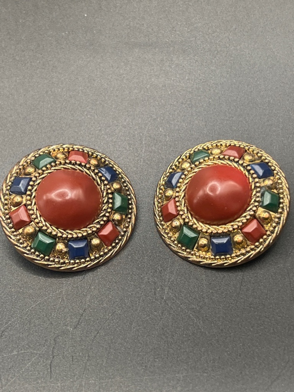 Vintage Gold-Tone Round Earrings with Red, Green & Blue Accents